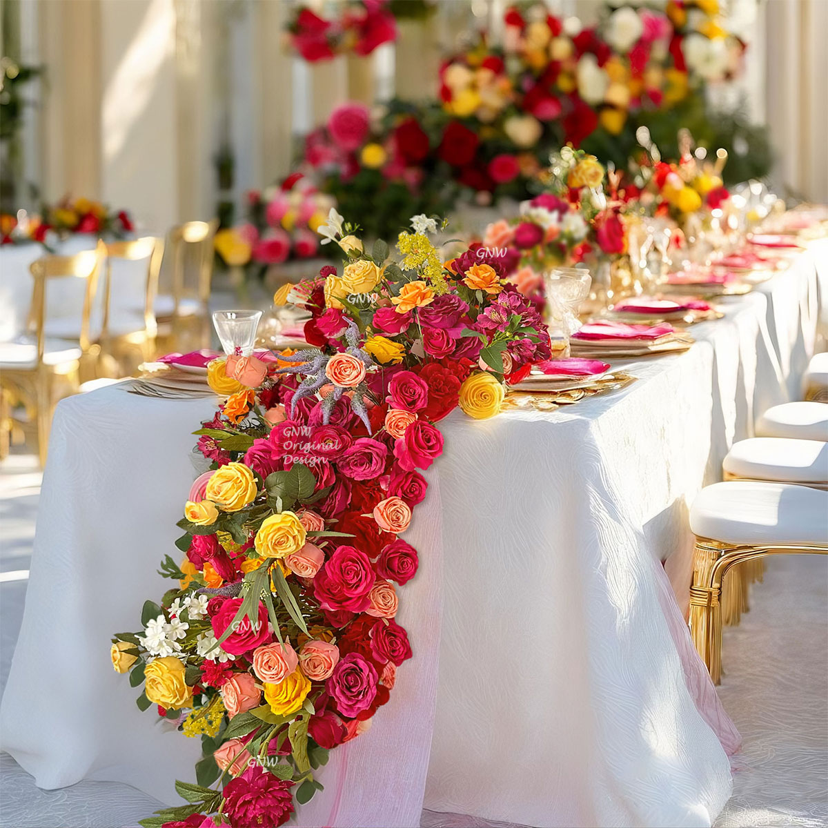 ea01e935054e58e377b334f13098936a GNW New Arrival Red Series Artificial Silk And Real Touch Flower Table Runner For WDT Wedding Decor Trade Supplier - Image 1