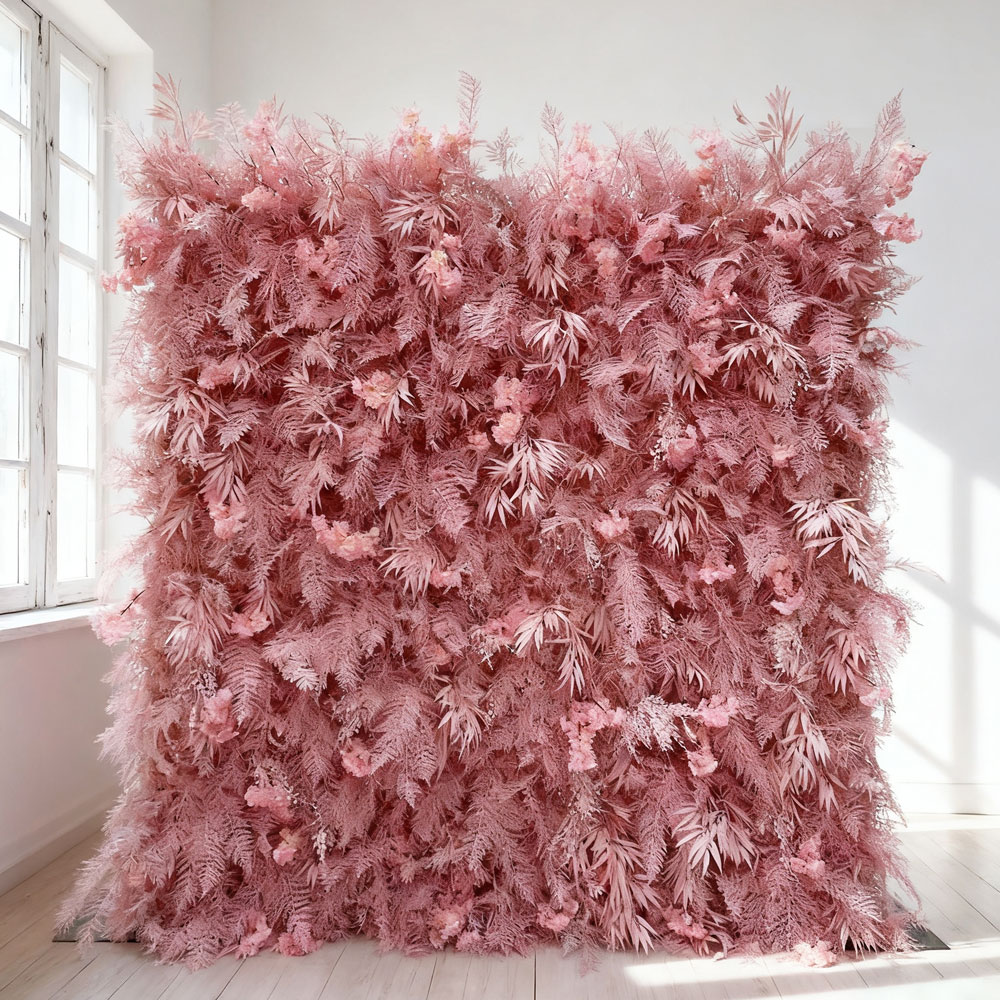 Pink-wall-2509 (71) High Quality Faux Flower Wall Pannel 8ft X 8ft Roll Up 5D Silk Faux Pink Rose Wall Background Flower For Wedding Party Decoration - Image 1