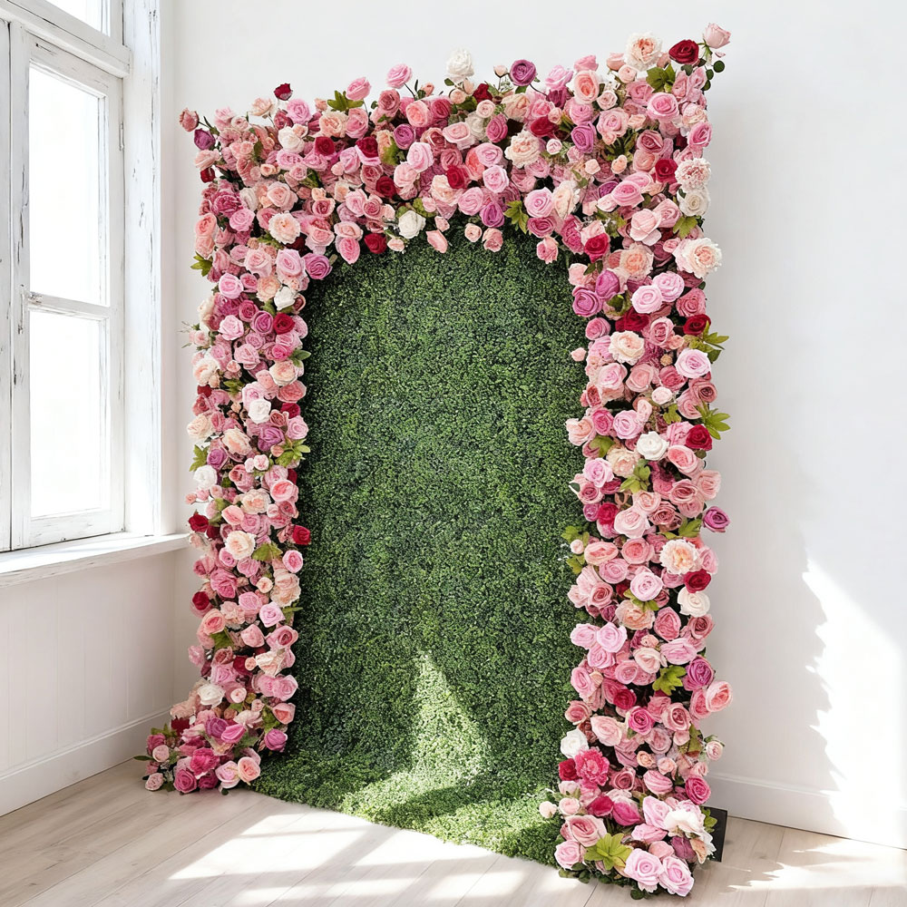 Pink-wall-2509 (73) High Quality Wedding Church Lawn Wedding Stage Backdrop Decorative Silk Artificial Fabric Roll Up Flower Wall - Image 1