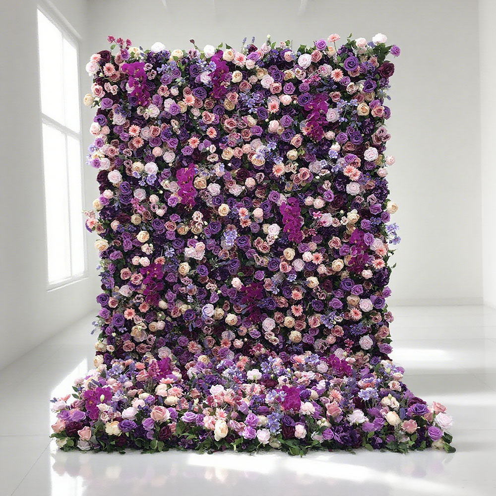 purple-wall-2508 (40) Wholesale Popular Artificial Flower Wall Designs for Wedding Decoration Retailers - Image 1